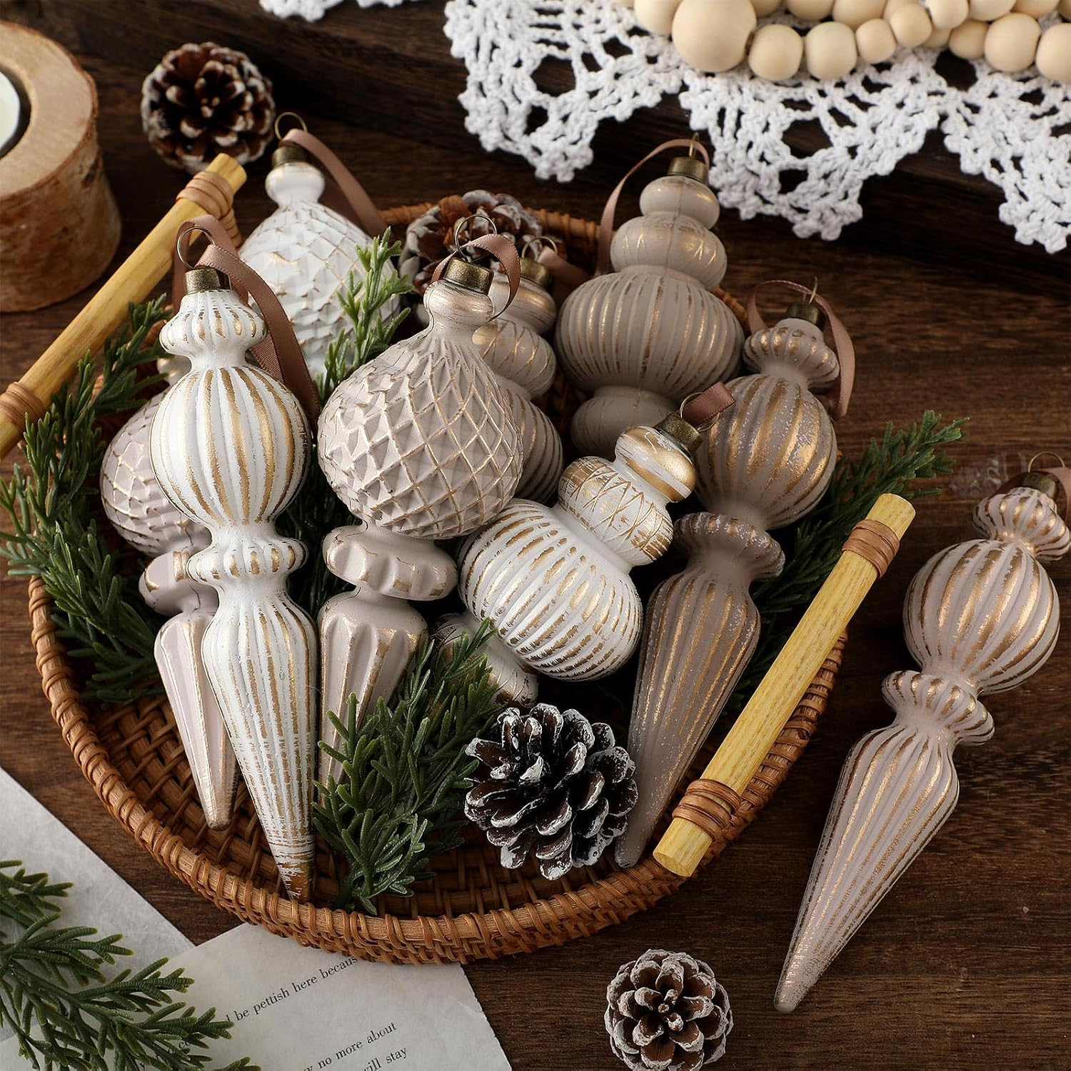 Yunlly 9 Pcs Neutral Christmas Ornaments Vintage Xmas Tree Decor with Loop | Amazon (US)