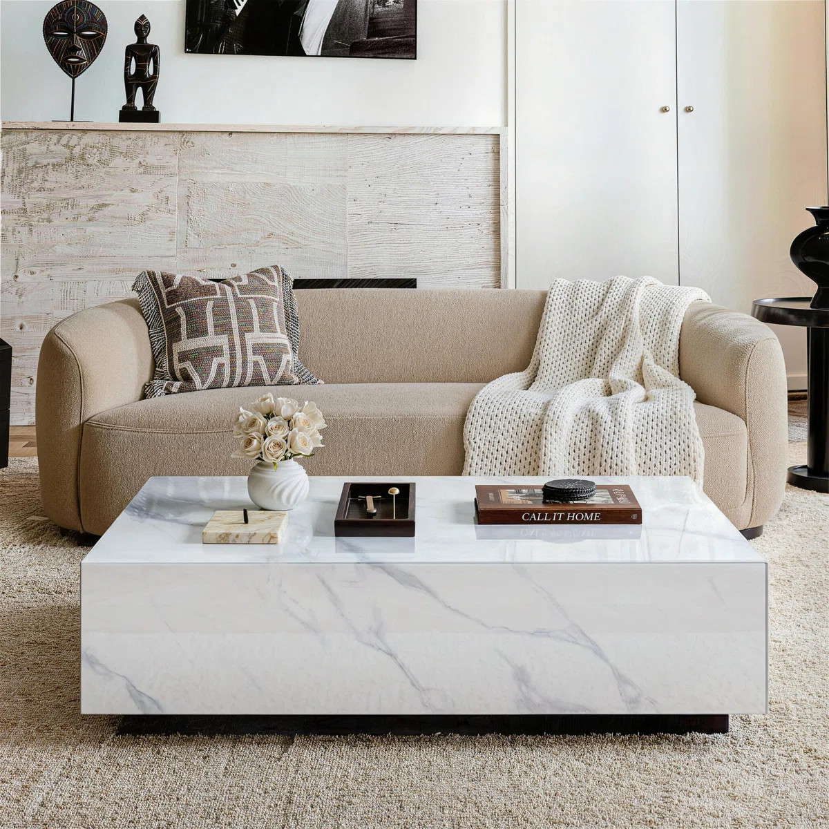 Klusek 47'' Modern Faux Marble White Glass Coffee Table | Wayfair North America