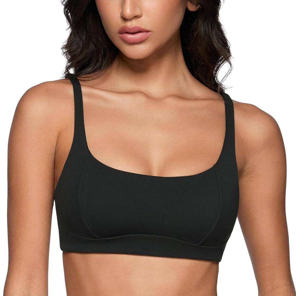 Women's Square Scoop Neck Sports Bra Thin Strap Padded Low Impact Yoga Bandeau Bra Wireless Worko... | Amazon (US)