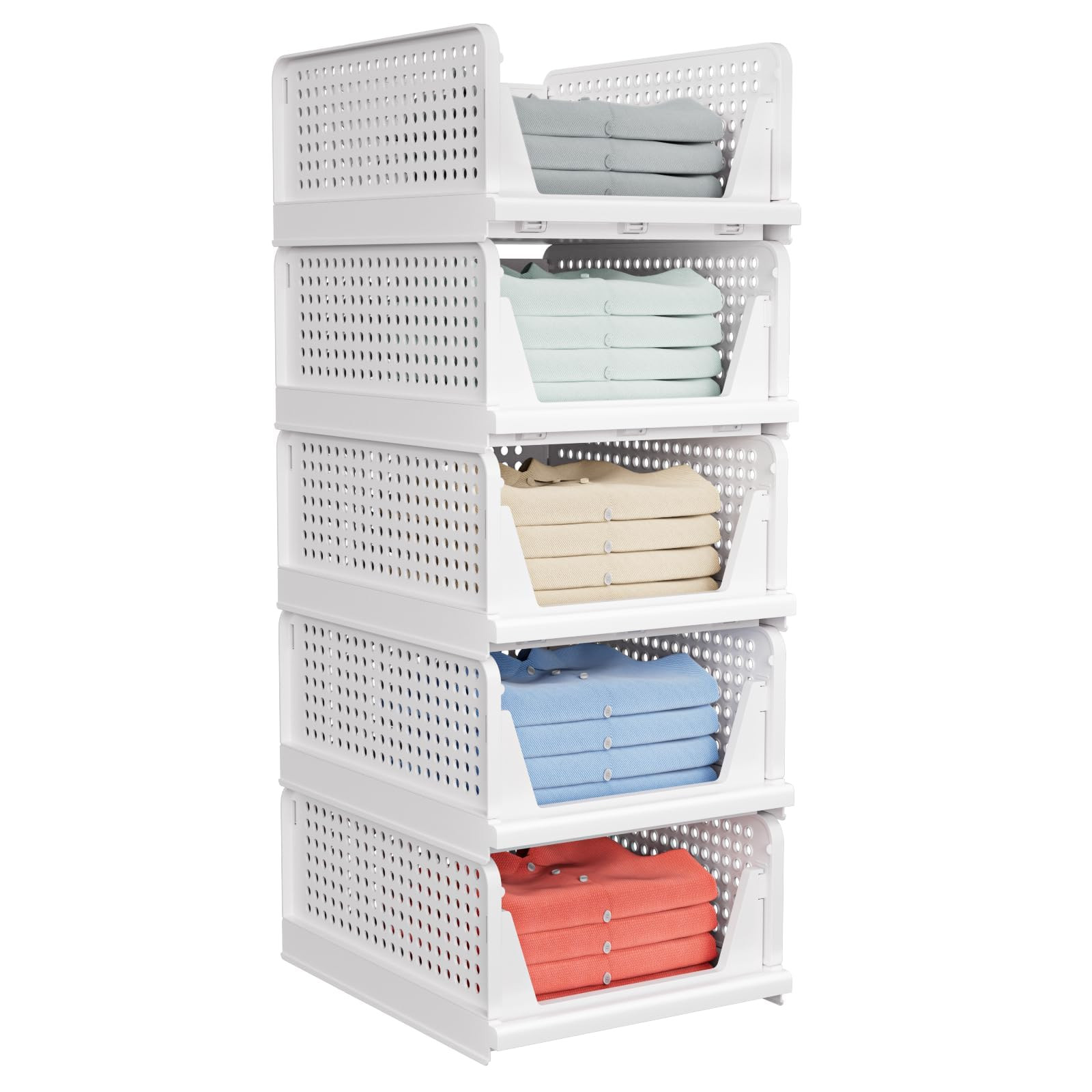 5 Pack Stackable Closet Storage Basket - Stackable Storage Bins, Multifunctional & Foldable Closet Organizer, Wardrobe Cupboard Space-Saving Hat Storage Drawer Organizer, White | Amazon (US)