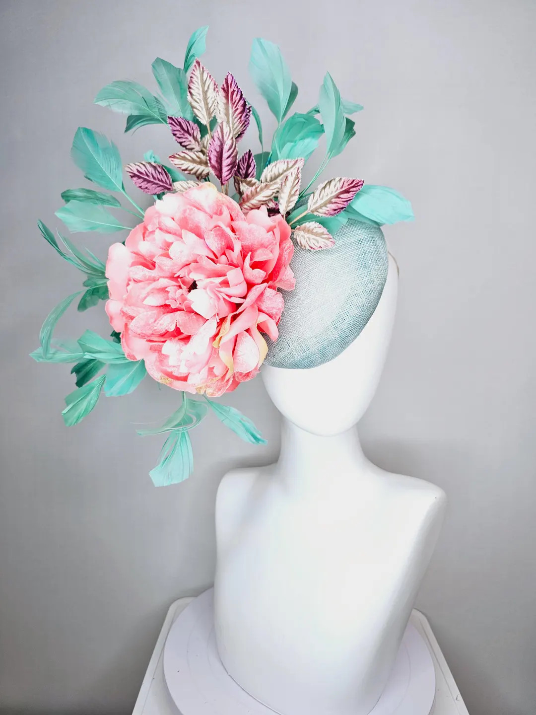 kentucky derby hat fascinator light blue sinamay baby pink satin silk flower magenta purple gold ... | Etsy (US)