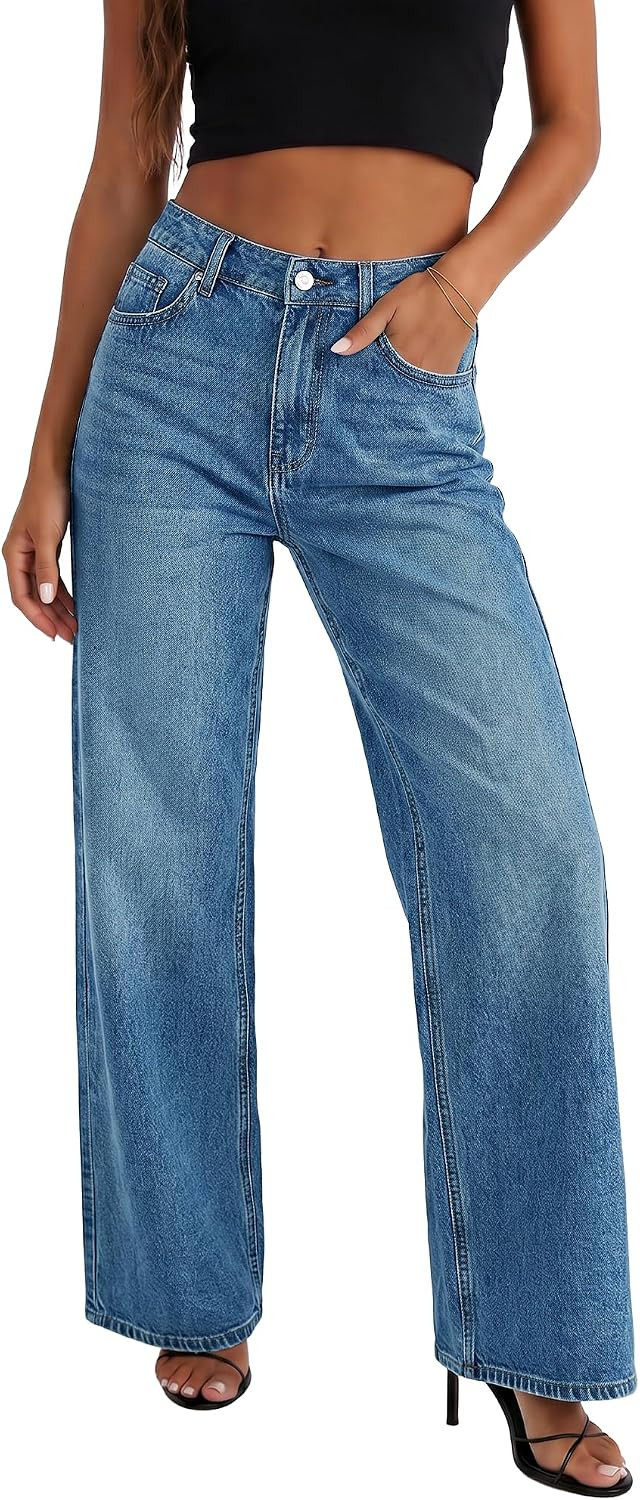 HDLTE Straight Leg Jeans for Women, High Waisted Wide Leg Jeans Loose Stretchy Denim Pants Trousers Trendy with Pockets | Amazon (US)
