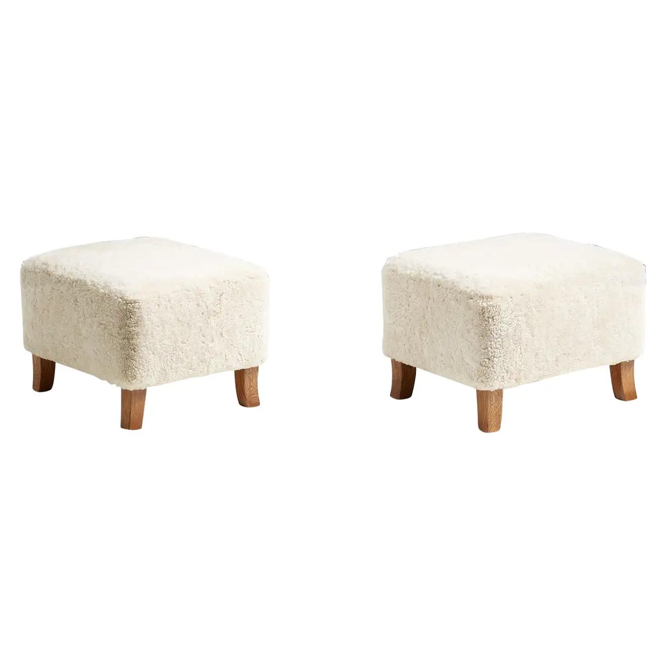 Pair of Custom Made Sheepskin Ottomans with Oak Feet | 1stDibs