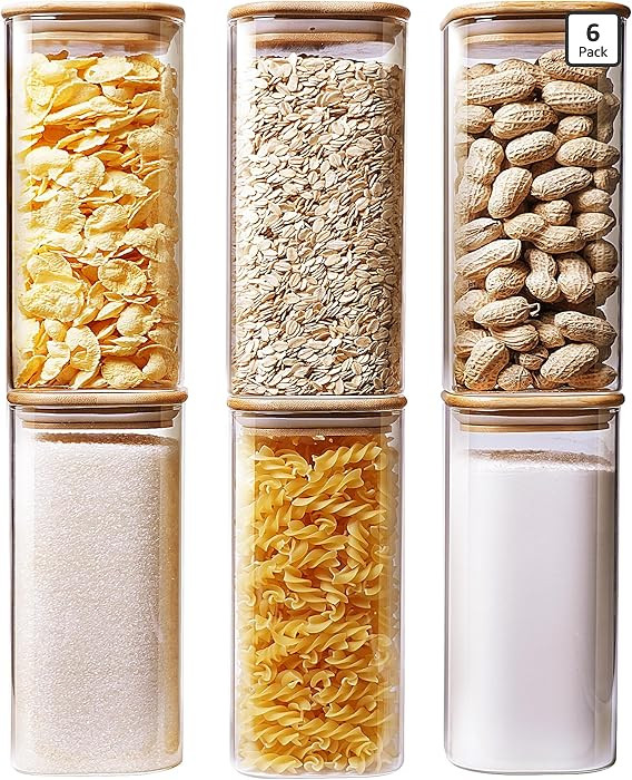 Square Glass Jars with Bamboo Lids 30 FL OZ [Set of 6], Glass Canisters with Airtight Lid, Glass ... | Amazon (US)