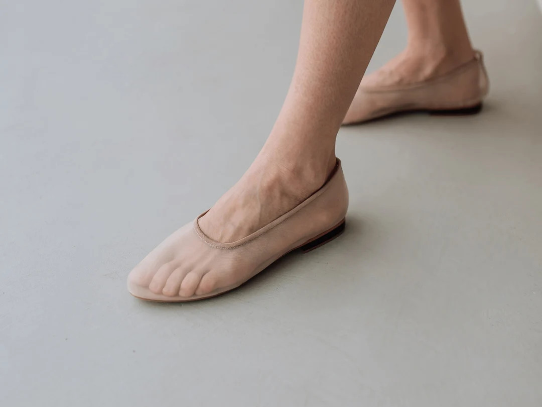 Beige Soft Mesh Flats With Almond Closed Toe and Genuine Leather Insole, Fishnet Ballet Shoes, Tr... | Etsy (US)