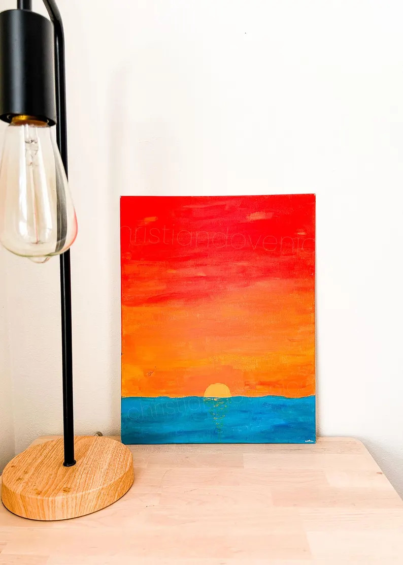 original acrylic painting // sunset over water // 9in x 12in canvas board | Etsy (US)