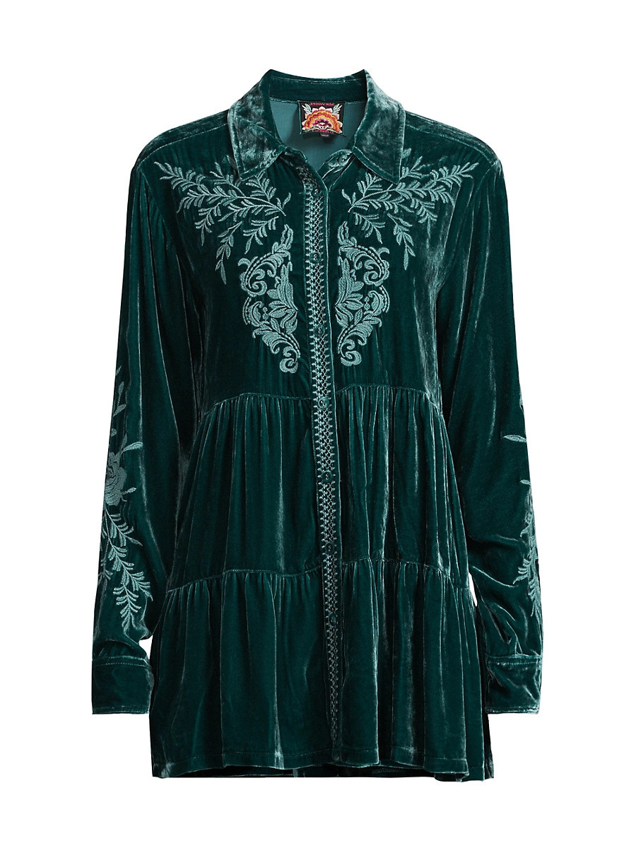 Women's Lenon Embroidered Velvet Tiered Tunic - Deep Teal - Size XS | Saks Fifth Avenue