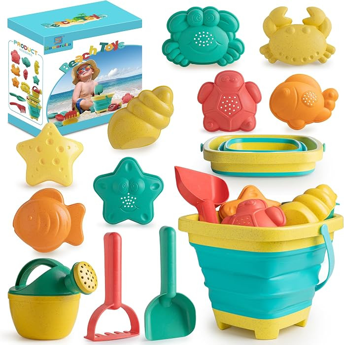 Beach Toys for Kids - Sand Toys Set Includes Collapsible Sand Bucket Shovel and Sand Rake Toy for Beach 12 PCS, Sandbox Toys Sandcastle Building Kit (A) | Amazon (US)