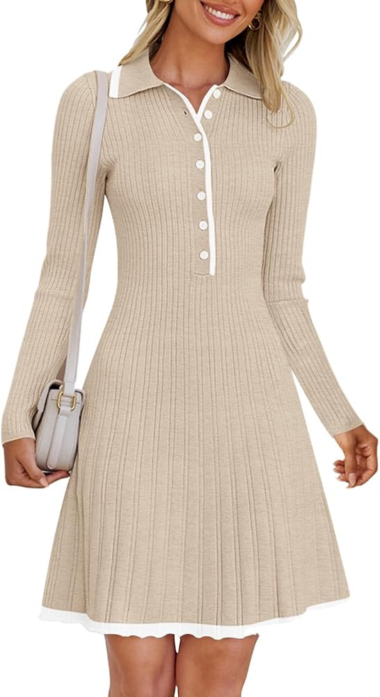 MEROKEETY Women's Long Sleeve V Neck Sweater Dress 2024 Fall Button Ribbed Knit Pleated Mini Dres... | Amazon (US)