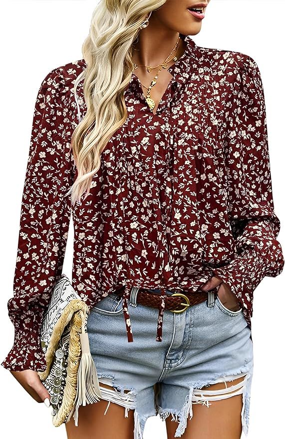 HOTOUCH Womens Long Sleeve Tops Boho Floral Printed Blouses Casual V Neck Pleated Drawstring Peas... | Amazon (US)