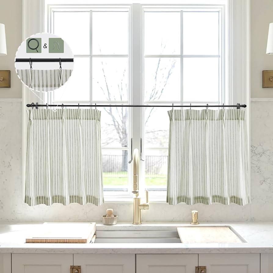 Sage Linen Kitchen Curtains 20 inch Length Pinch Pleat Cafe Curtains | Amazon (US)