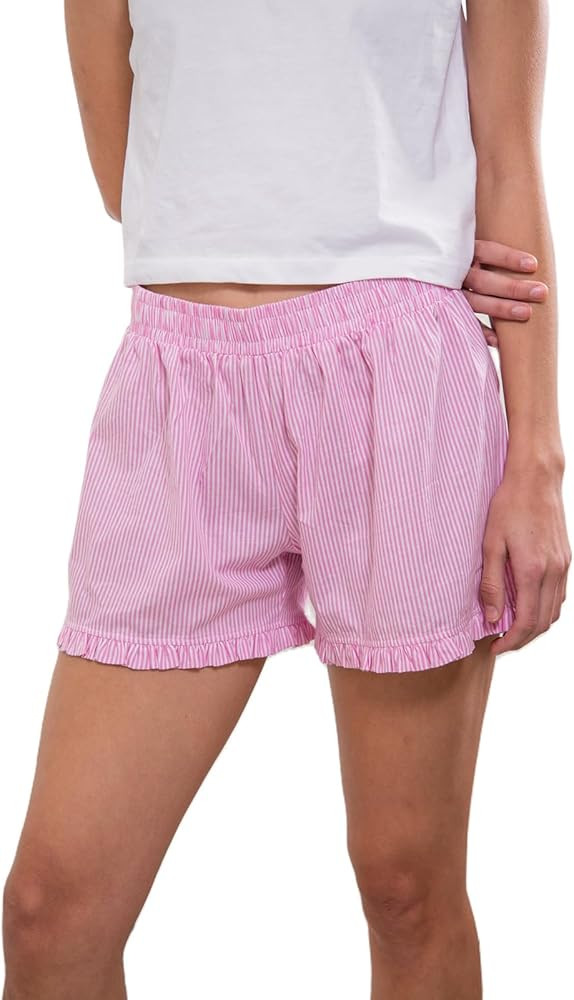 Soft Gingham Boxer Shorts for Women Y2K Ruffle Hem Elastic Waist Plaid Micro Shorts Relaxed Strip... | Amazon (US)