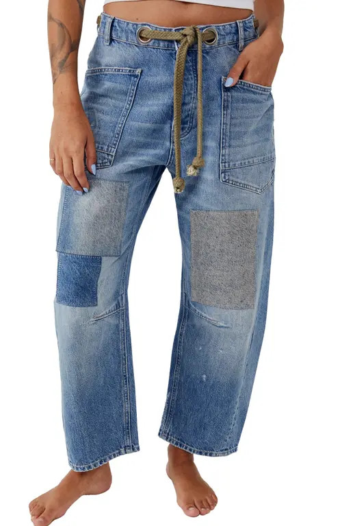 Free People Moxie Mid Rise Low Slung Tie Waist Nonstretch Jeans in Truest Blue at Nordstrom, Size 29 | Nordstrom
