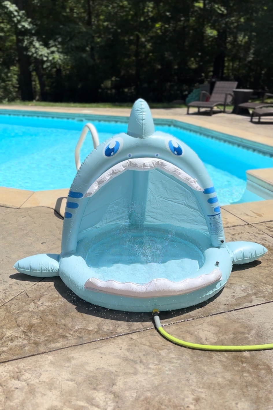 A toddler pool with a sprinkler AND shade! 🦈 