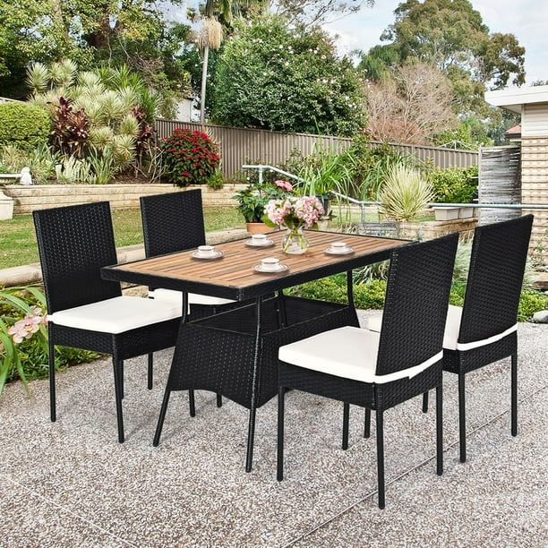 Gymax 5 Pieces Rattan Patio Dining Set Outdoor with Cushion Wooden Tabletop 4 Chairs - Walmart.co... | Walmart (US)