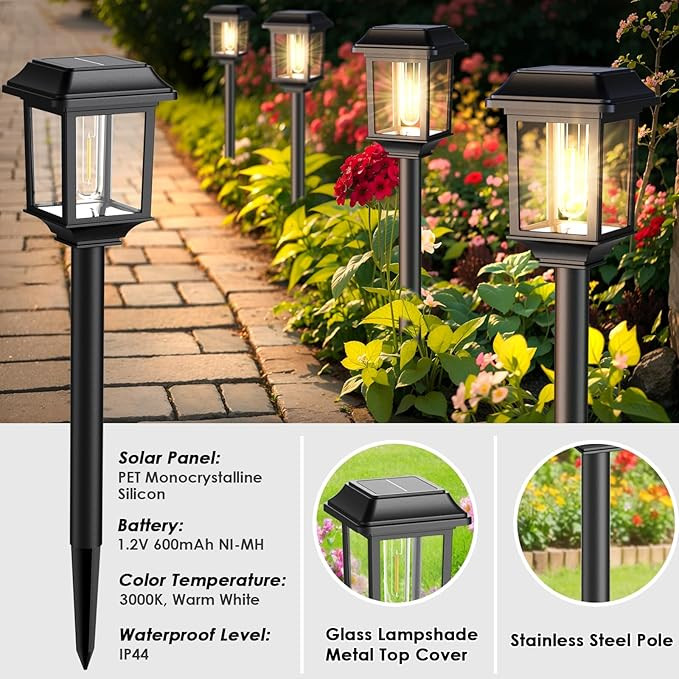 Mancra Solar Outdoor Lights Waterproof, 8 Pack Metal Glass Solar Pathway Lights Outdoor Lighting ... | Amazon (US)