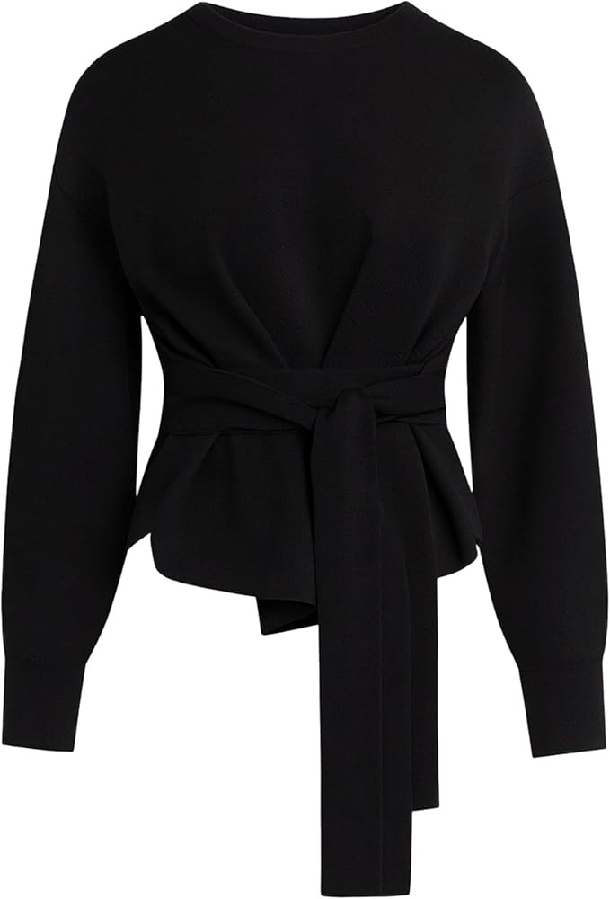 Yeokou Women Tie Front Sweater Soft Loose Long Sleeve Crew Neck Belt Knit Pullover Top Office Dre... | Amazon (US)