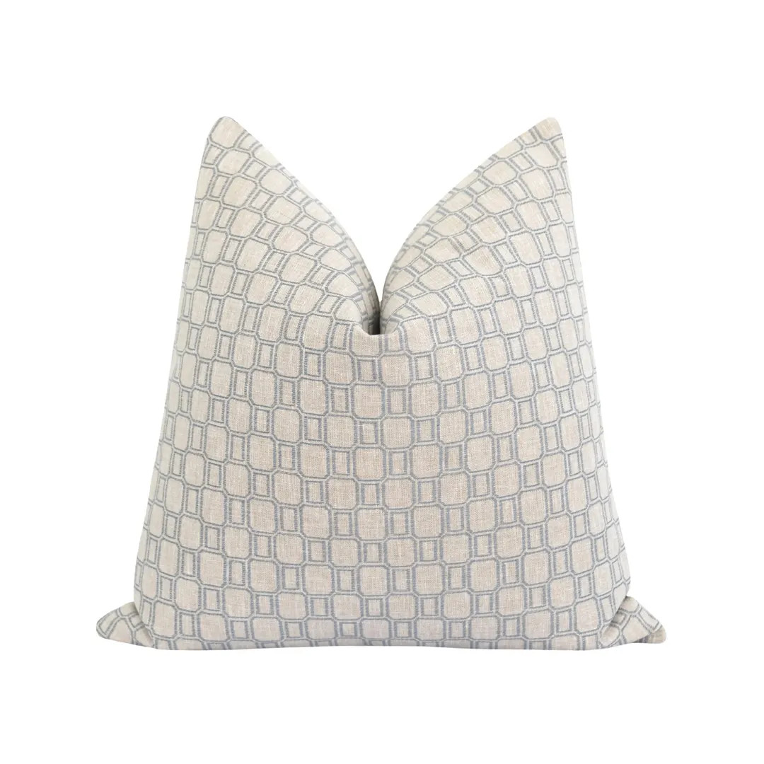 Linen and Slate Blue Geometric Pillow Cover • Double Sided Woven Jacquard Throw Pillow With Hid... | Etsy (US)