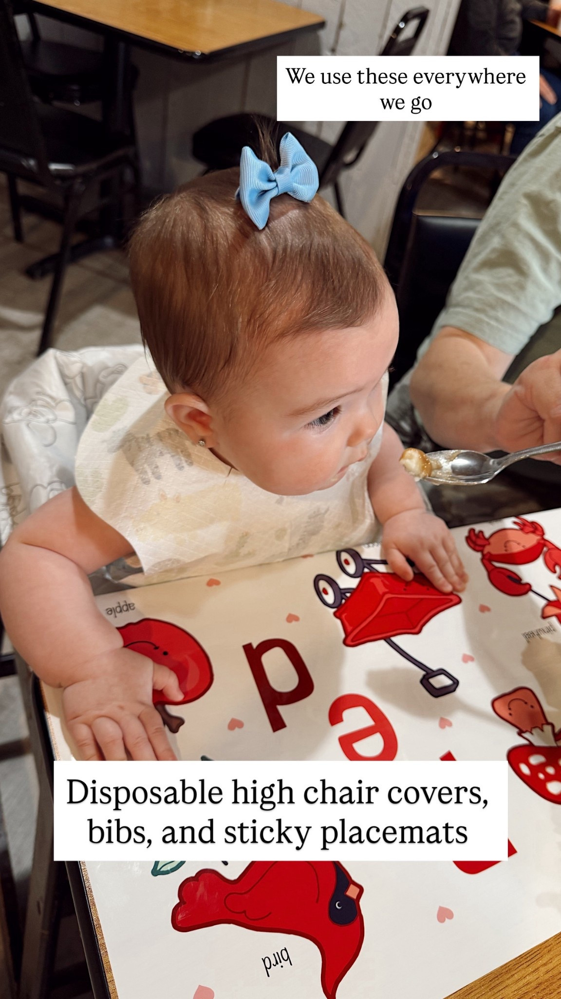 Disposable high chair covers, bibs, and sticky placemats 