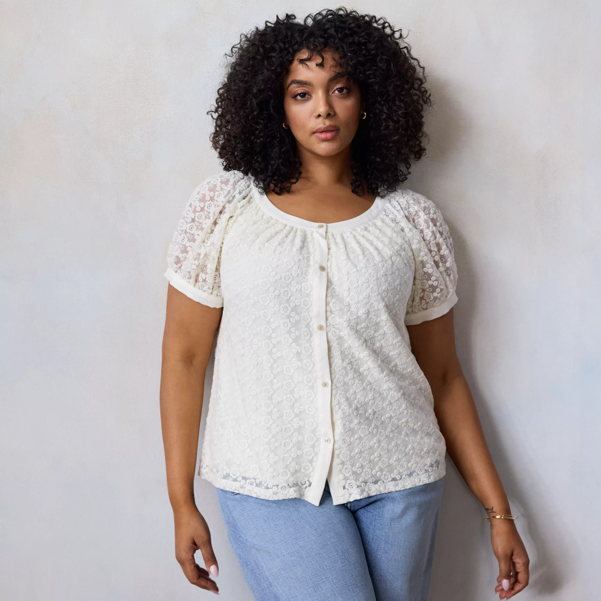 Plus Size LC Lauren Conrad Puff Sleeve Lace Blouse | Kohl's