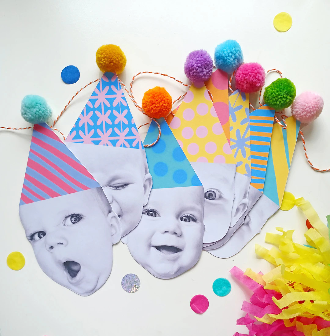 Personalised Face, Happy Head Garland/bunting With Pom Pom Party Hats - Etsy | Etsy (US)