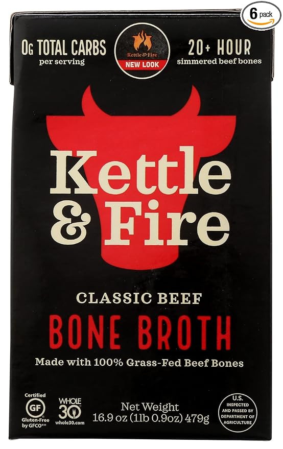 Kettle & Fire Beef Bone Broth, 100% Grass-Fed, Whole30, Gluten Free, 16.9 Oz (Pack of 6) | Amazon (US)