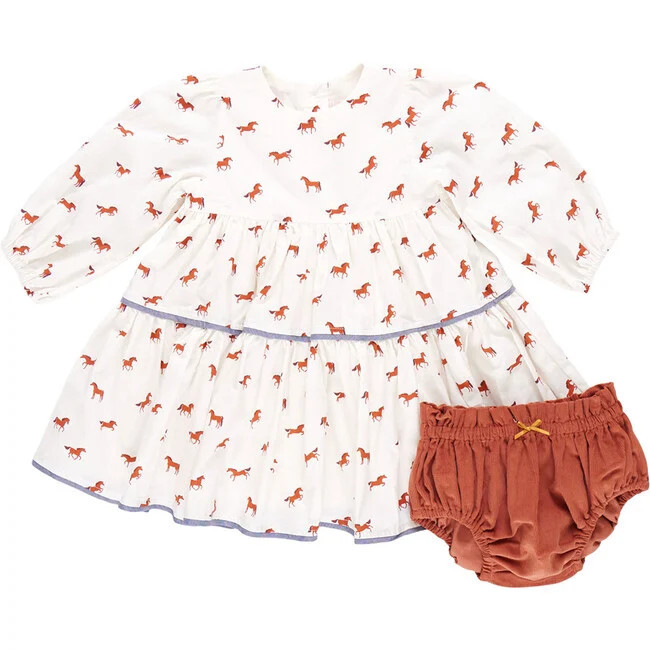 Pink Chicken | Baby Girls Julia Contrast Chambray Trim Tired Dress & Bloomer Set, Tiny Horses (Prints, Size 3-6M) | Maisonette | Maisonette