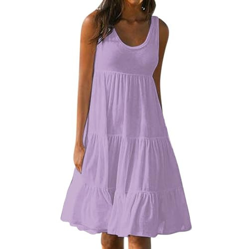 UEGEQU Summer Dresses for Women 2024, Tank Top Dress and Spring Pleated Bohemian Solid Color Knee Length Cute Sleeveless Flowing Beach Straight Tube T-Shirt Tank Top Dress Midi (S, Light Purple) | Amazon (US)