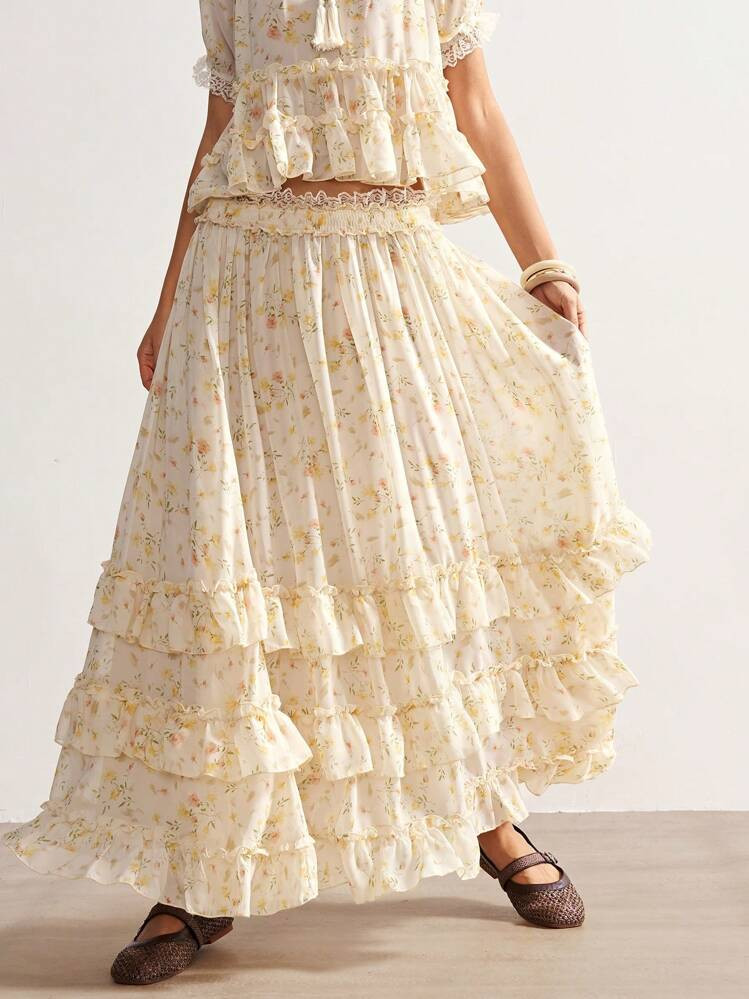 Bohemela Boho Ditsy Floral Printed Ruffled Hem Woven Skirt For Women | SHEIN