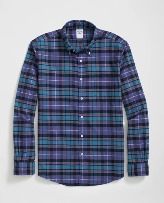 Brooks Brothers Men's Portuguese Flannel Polo Button Down Collar, Tartan Shirt | Teal/Purple | Size XS | Brooks Brothers