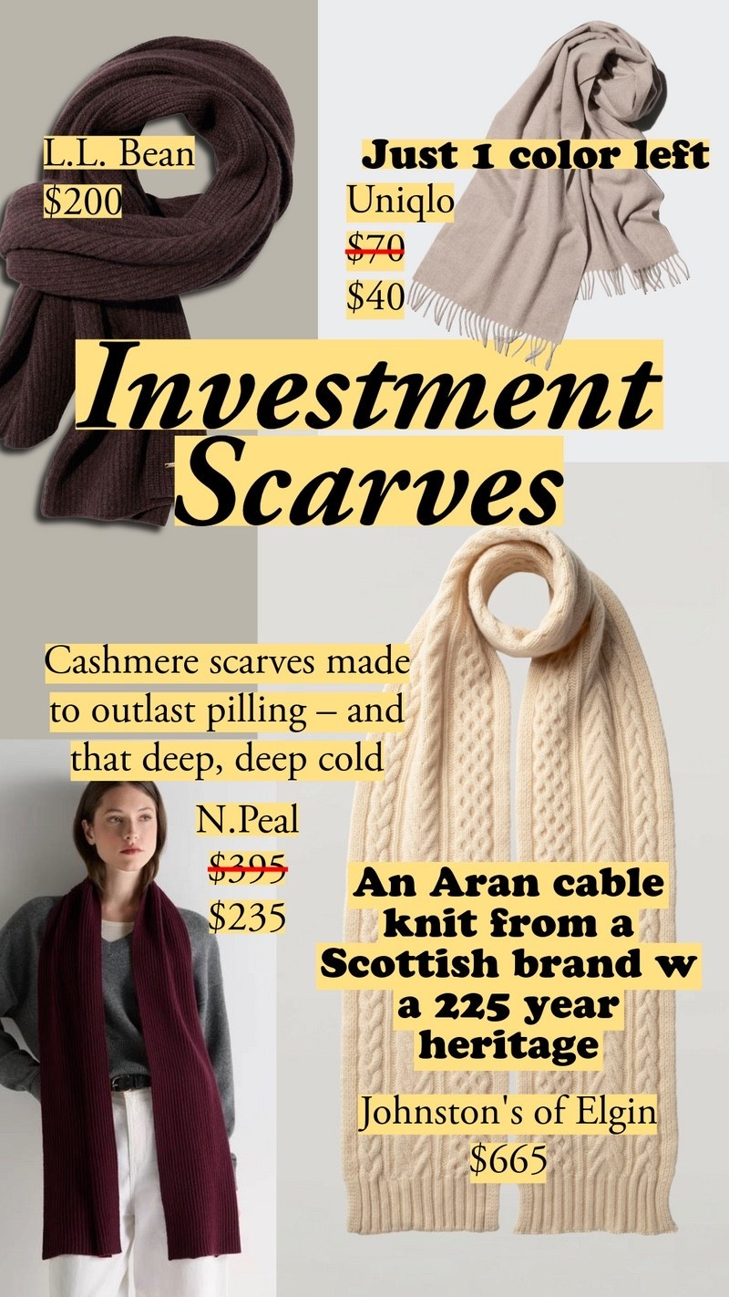 Cashmere scarves made to outlast pilling. Pick the ribbed or cable knits to keep you warm on their own, or layer the woven styles.

#LTKootd
