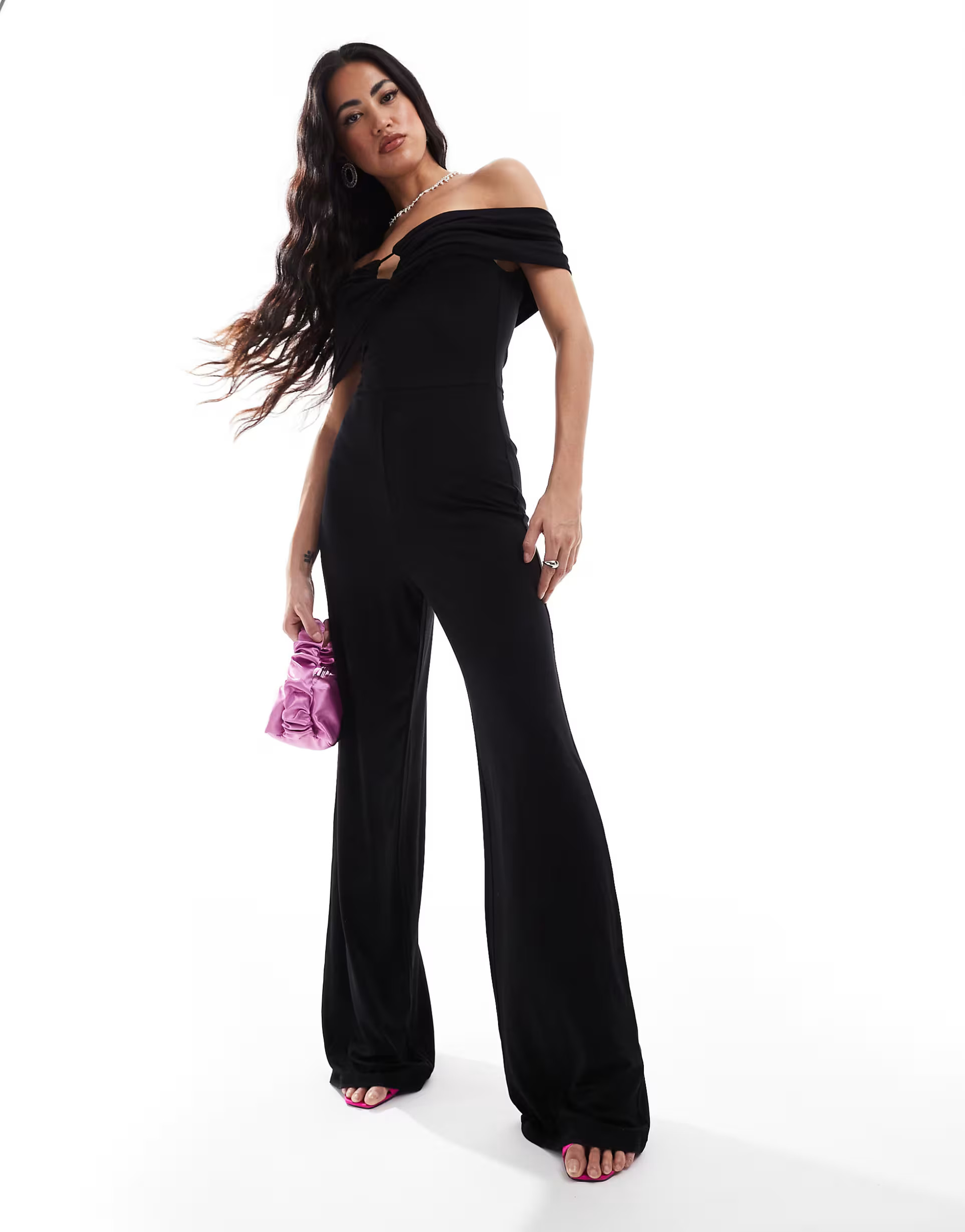 ASOS DESIGN ruched off the shoulder jumpsuit with front cut out in black | ASOS (Global)
