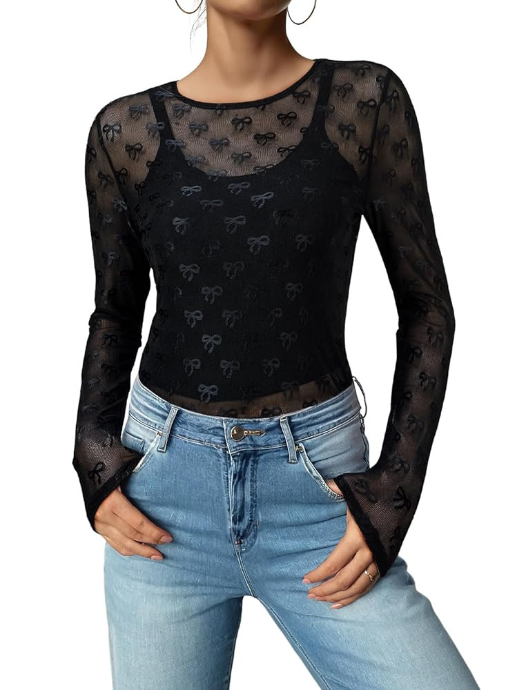 Acelitt Womens Long Sleeve Sheer Mesh Tops See Through Lace Blouse Shirts,S-XXL | Amazon (US)