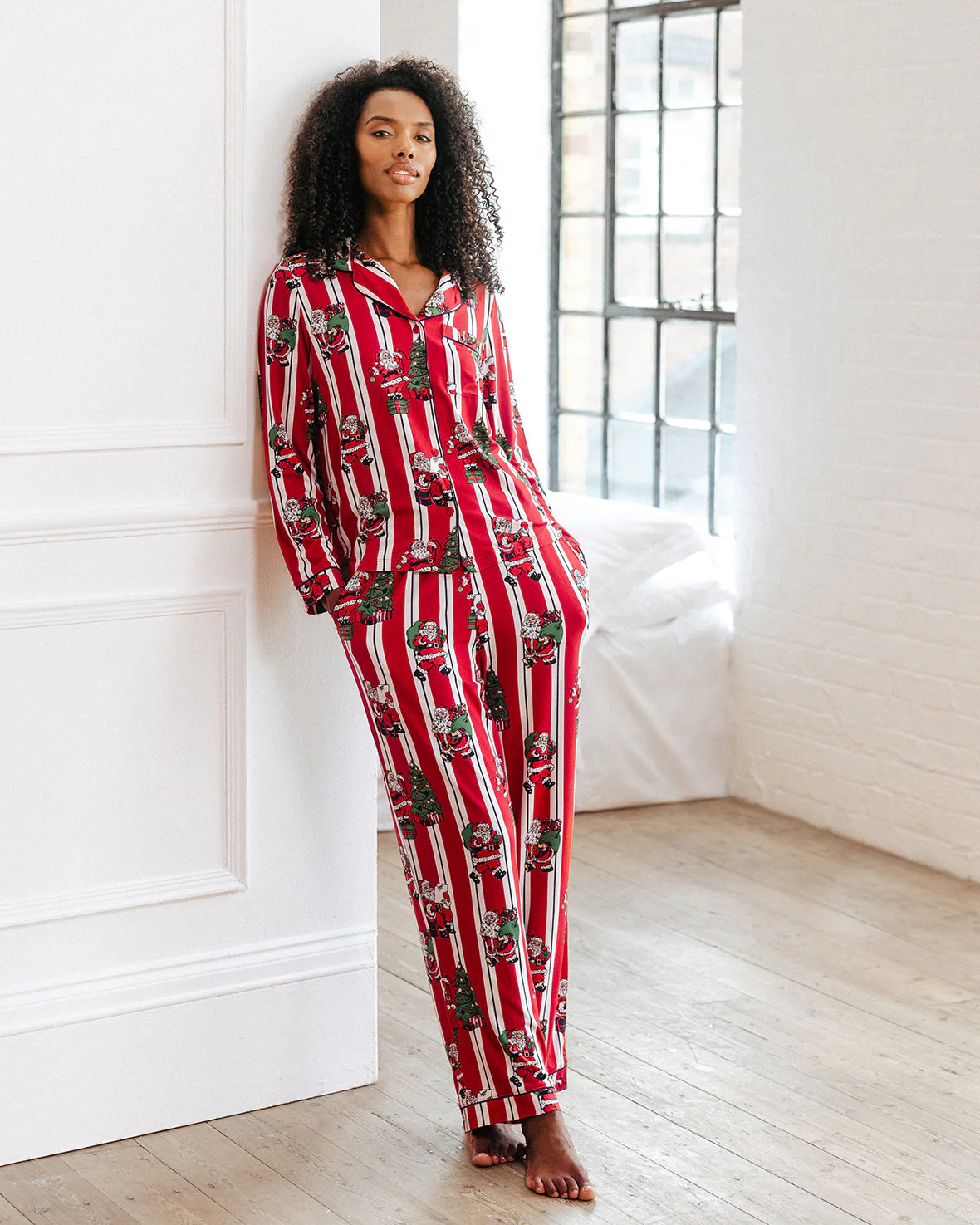 Christmas Santa Stripe Print Long Pyjama Set | Chelsea Peers NYC