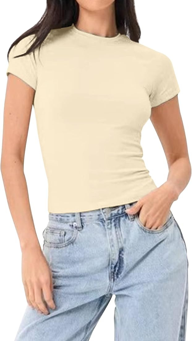 KAMISSY Women’s Workout Round Neck Crop Tee Shirt Casual Cap Sleeve Slim Fit Athletic Running S... | Amazon (US)