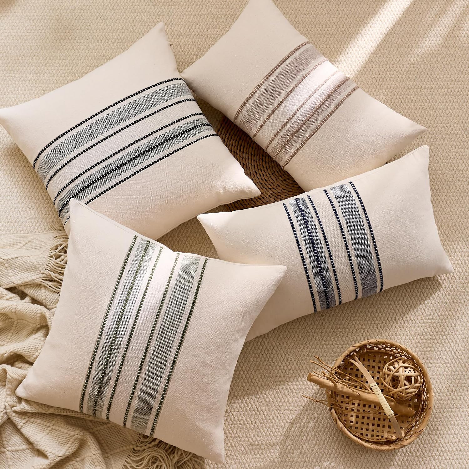 KINDREX Striped Linen Decorative Throw Pillow Covers 20x20 Navy Blue | Amazon (US)
