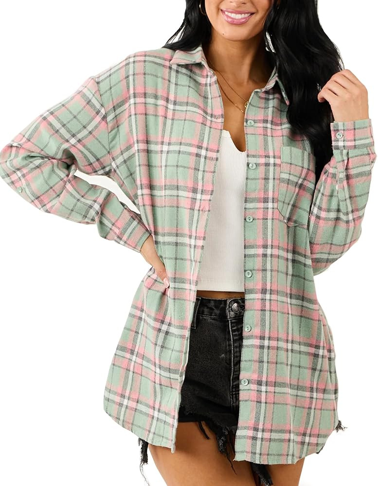 NUOREEL Womens Plaid Flannel Shirts Long Sleeve Button Down Shirts Casual Blouses Tops | Amazon (US)