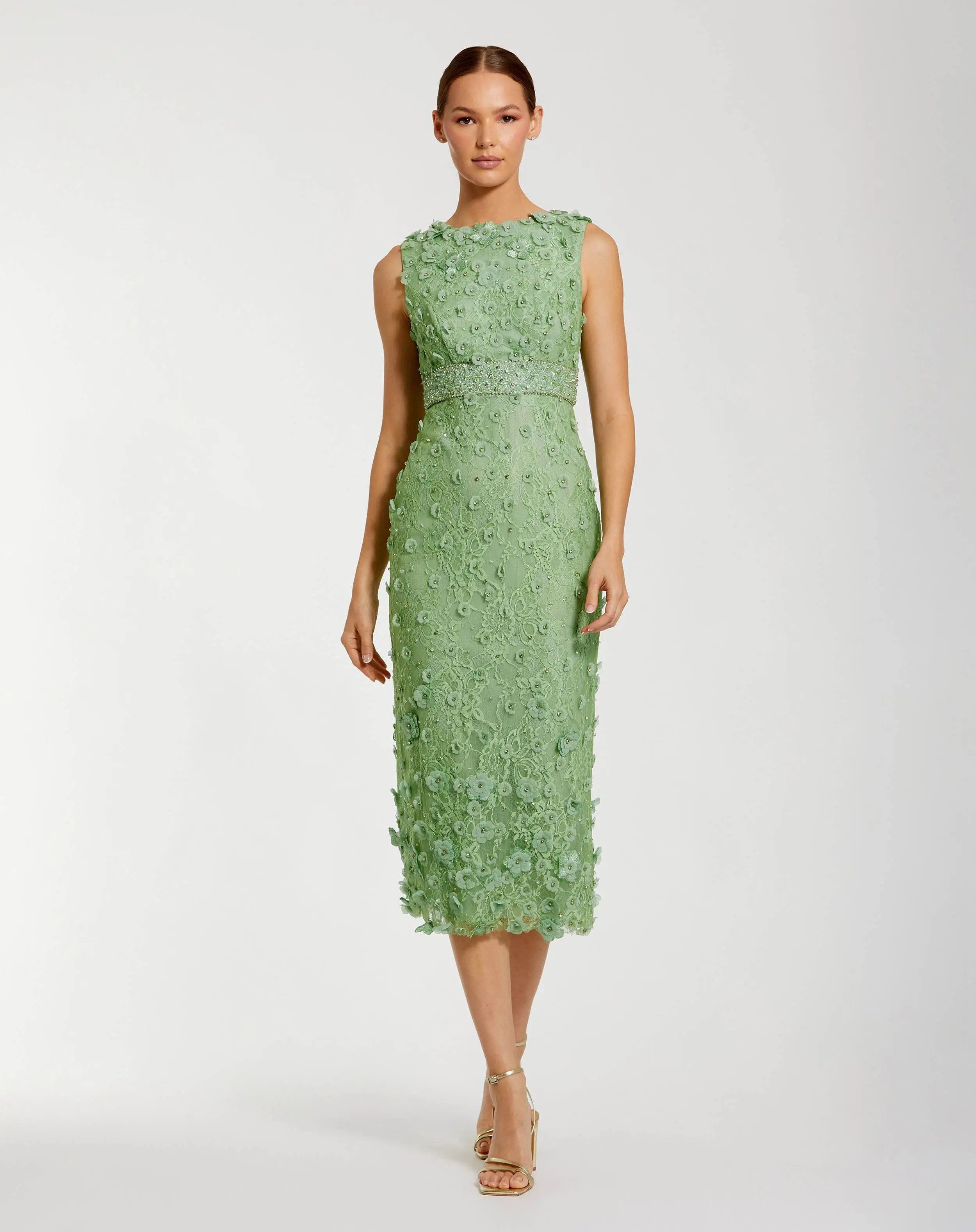 Green Floral Applique Sleeveless Midi Dress | Mac Duggal | Mac Duggal