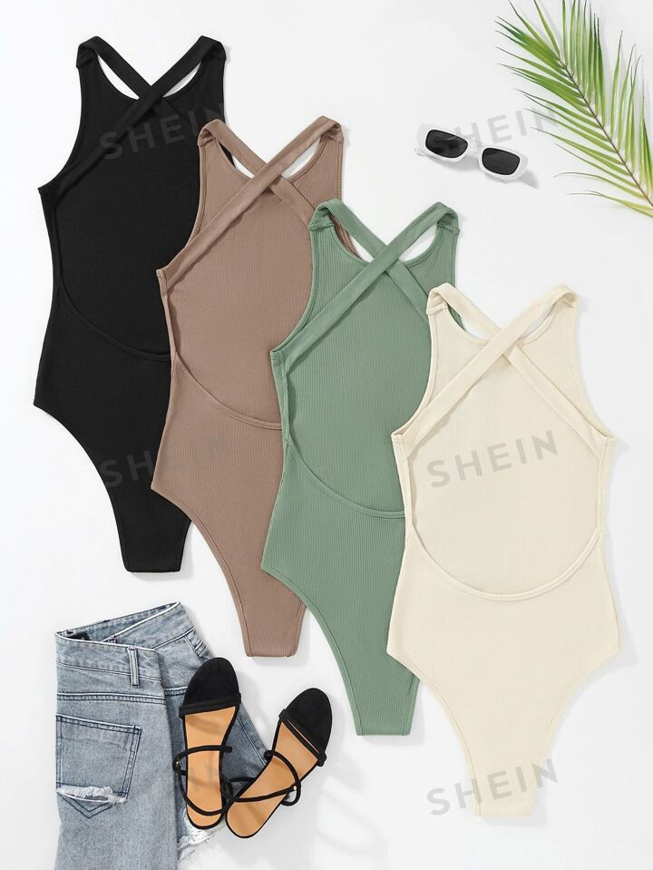SHEIN EZwear 4pcs Rib Knit Criss Cross Bodysuit | SHEIN
