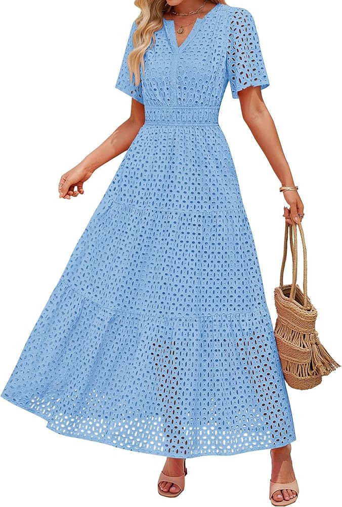 ZESICA Women's 2025 Summer Short Sleeve Maxi Dress Casual V Neck Hollow Out Eyelet Ruffle Swing A... | Amazon (US)