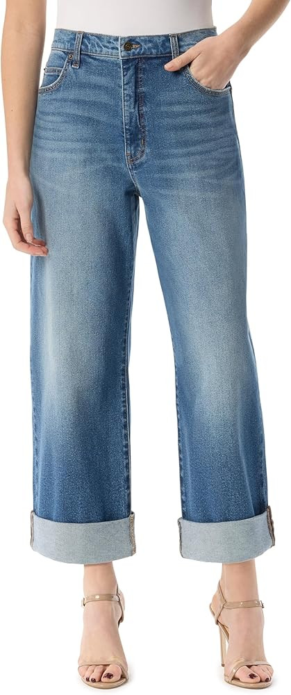 Jessica Simpson Women's Valentine Roll Cuff Wide Leg Boyfriend Ankle-to-Jean Standard | Amazon (US)
