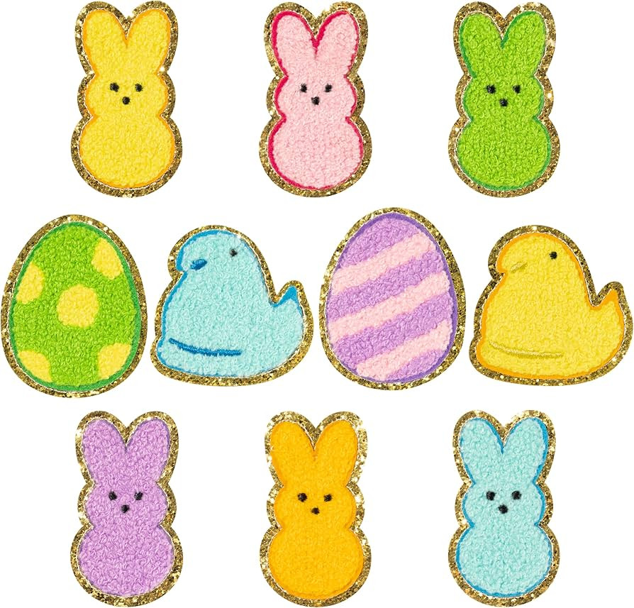X1zuue 10Pcs Easter Iron on Patches, Bunny Peeps Chenille Iron on Knee Patches Colorful Rabbit Ch... | Amazon (US)