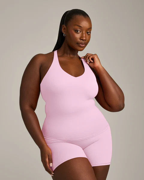 SoftMotion™ Racer Back Tank Top with Built in Bra Shelf with Gray Logo 
 Chalk Pink | Oner Active (UK / US)