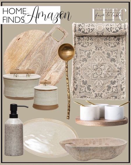 Amazon Home Finds. Follow @farmtotablecreations on Instagram for more inspiration.

Mango Wood, Natural Bowl. Neutral Colored Reactive Glaze Stoneware Black Pump Soap Dispenser, Cream. Round Mango Wood Cheese and Cutting Board with Brass Trim Handle, Natural. Pinch Pot, White. Bloomingville 5 Inches Round Stoneware Lid and Pine Wood and Jute Handle in Reactive Glaze, Beige Canister. Bloomingville Grey and Cream Cotton Printed Table Frayed Edge Runner. Bloomingville 6.75 Round Stoneware Lid and Pine Wood and Jute Handle in Reactive Glaze, Beige Canister. Brass Spoon with Hammered Handle in Printed Drawstring Bag. Stoneware Plate with Speckled Glaze, Cream. Affordable Home Decor. 

#LTKsalealert #LTKhome #LTKfindsunder50