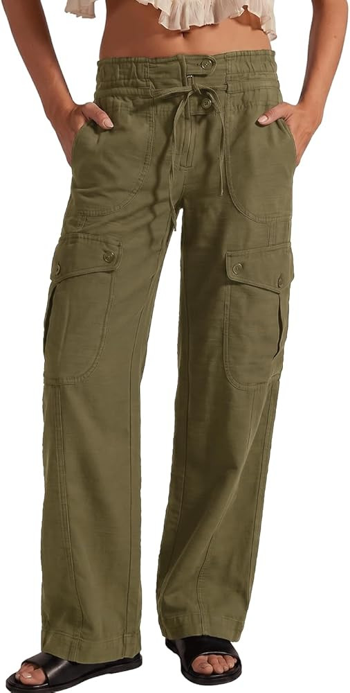 Haellun Women's Elastic High Waist Cargo Pants Casual Drawstring Wide Leg Trousers with Pockets(Army Green,S) at Amazon Women\u2019s Clothing store | Amazon (US)