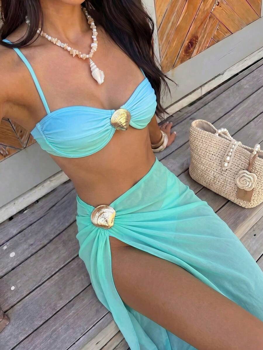 3pcs Set Shell Decor Ombre Print Halter Bikini Set With Side Slit Maxi Skirt, High-End Fashion Be... | SHEIN