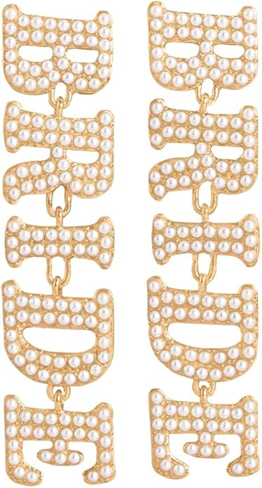 xo, Fetti Bride Pearl Drop Earrings, 3" Drop, Gold Pearl Charm Letter Jewelry | Bachelorette Part... | Amazon (US)