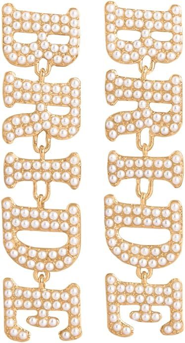 xo, Fetti Bride Pearl Drop Earrings, 3" Drop, Gold Pearl Charm Letter Jewelry | Bachelorette Part... | Amazon (US)