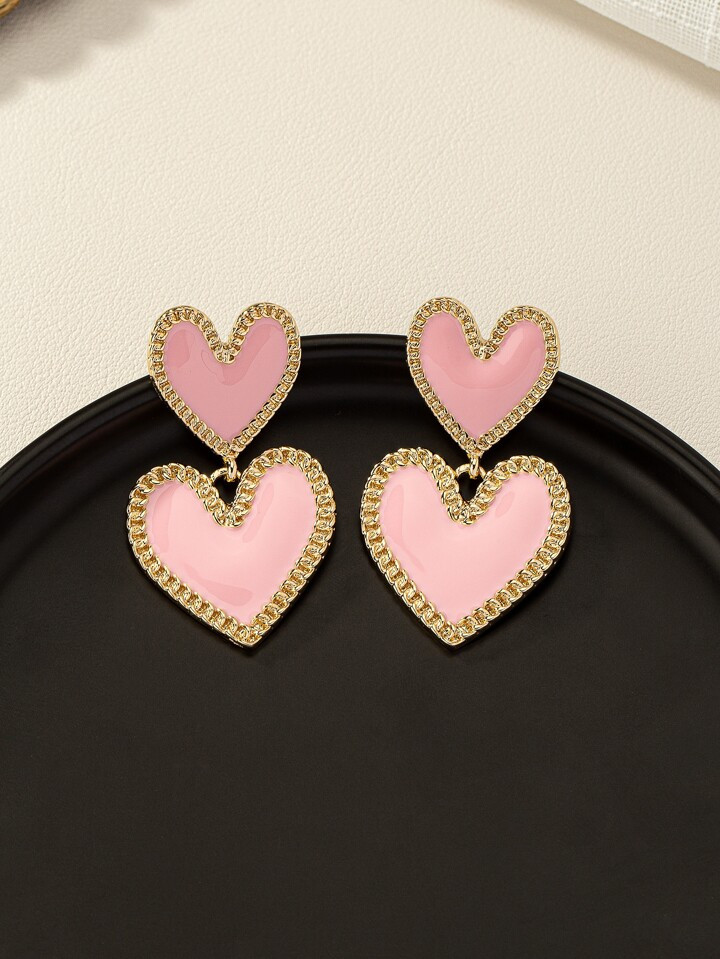 1pair Fashionable Double Heart-Shaped Dangle Earrings Women'S Valentine'S Day Party Accessory | SHEIN