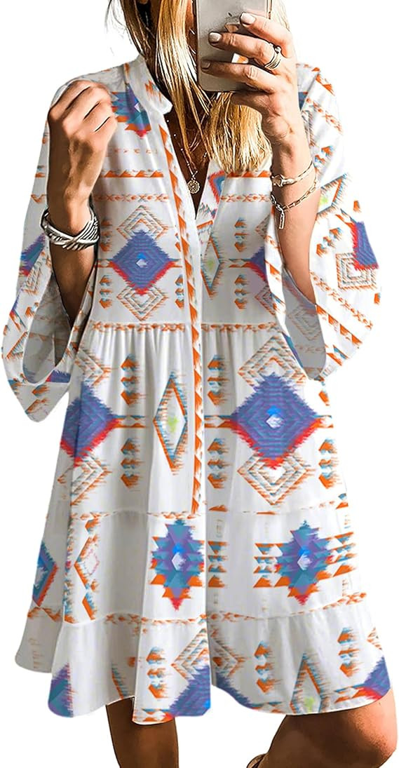SELINK Womens Long Sleeve Dresses Casual V Neck Tribal Print Button Flowy Boho Mini Beach Dress | Amazon (US)